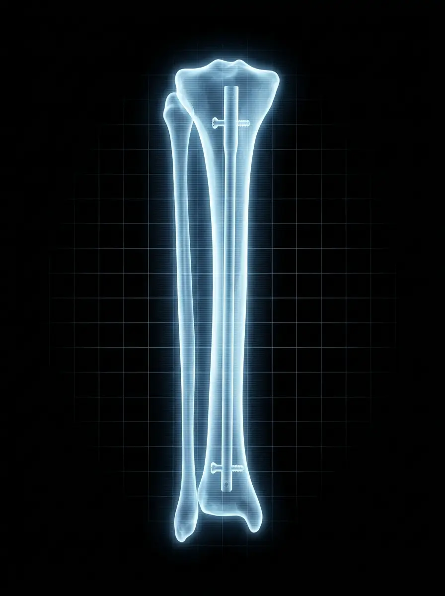 X-ray style image of a long bone with an internal lengthening nail
